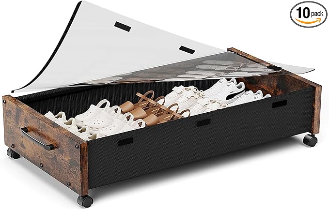 KITHELP Wooden Under Bed Storage with Wheels, Rolling Under the Bed Storage Bins with Removable Lid, Metal Under Bed Drawers 