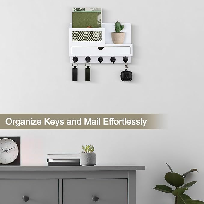 Key Holder Wall Mount, Key Holder for Wall with 5 Key Hooks and Storage Drawer Mail Organizer for Entryway Living Room Farmho