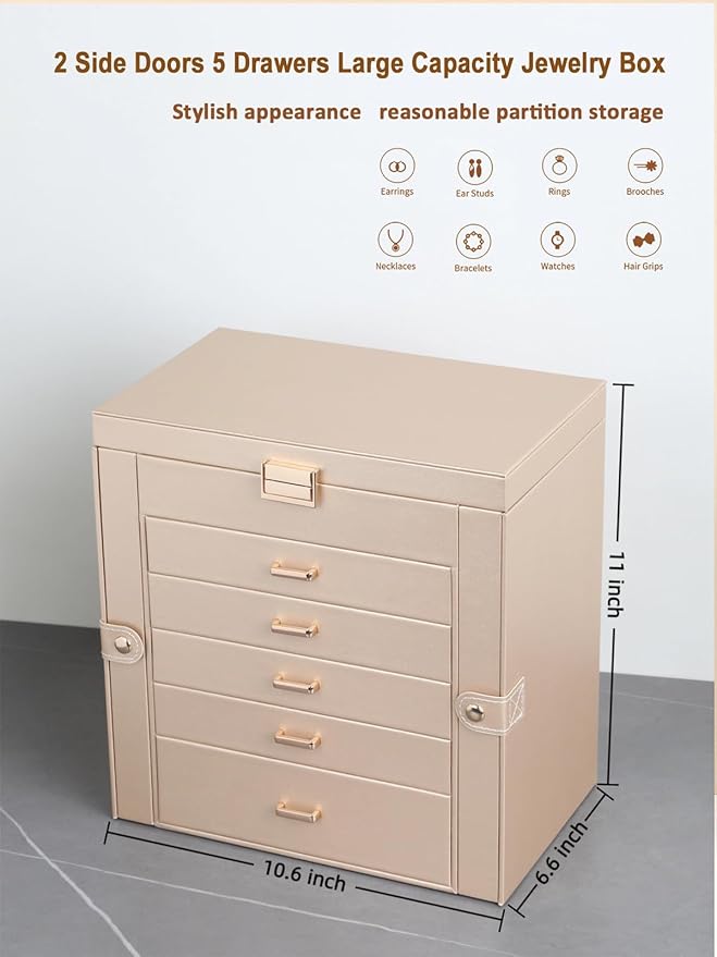 BOOVO Jewelry Box For women, 6 Layer Large Jewelry Organizer With Mirror, Multi-Function Storage Box With Lock, Necklace Hold