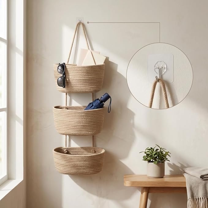 Hanging Wall Basket, Over the Door Hanging Basket with Hooks, Cotton Back of Door Organizer for Living Room, Bedroom, Boho Wa