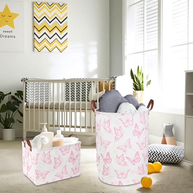 CLOCOR Pink Laundry Basket,Waterproof Nursery Hamper for Baby Girl ,Collapsible Storage Baskets for Girls Bedroom,Kids Toys S