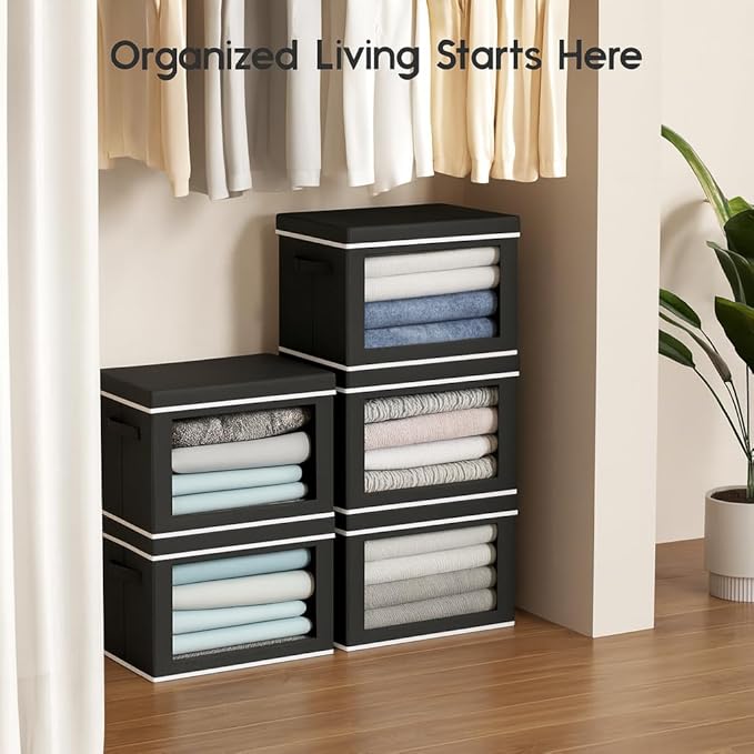Homsorout Collapsible Storage Bins with Lids - Stackable Storage Containers with Window, 15.7 Inch Fabric Organizing Bins for