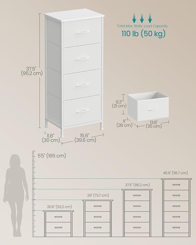 SONGMICS Dresser for Bedroom, Chest of Drawers, Steel, MDF, 4 Non-Woven Fabric Drawers, Storage Organizer Unit, Closet, Entry