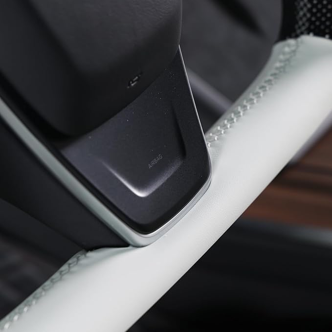 MEWANT Hand Stitched White Leather Steering Wheel Cover Wrap for Tesla Model S 2021-2023 / Model X 2021-2023 Steering Wheel Accessories