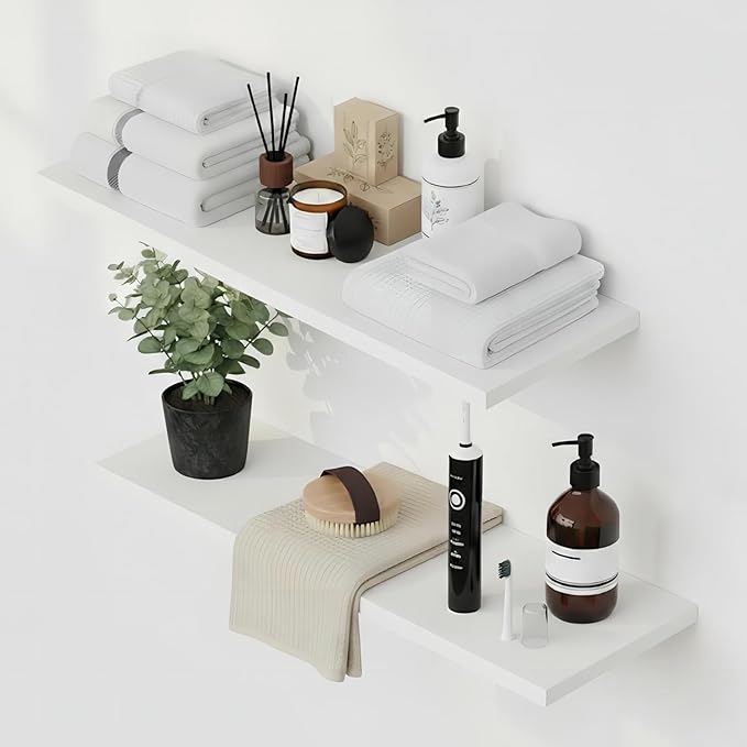 Floating Shelf Board for Wall 5/8" – No Brackets – 24" L x 8" W x 0.6" T White Melamine Wood Floating Shelves for Bathroom, K