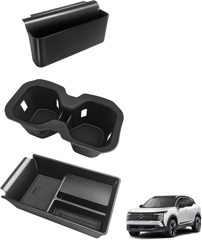 Muslogy Center Console Organizer & Cup Holder Insert 3PCS Set Compatible with 2025 2026 Nissan Kicks Armrest Box Divider Gear Shift Storage Pocket Drink Stopper (Console Tray& Side Pocket & CupHolder)