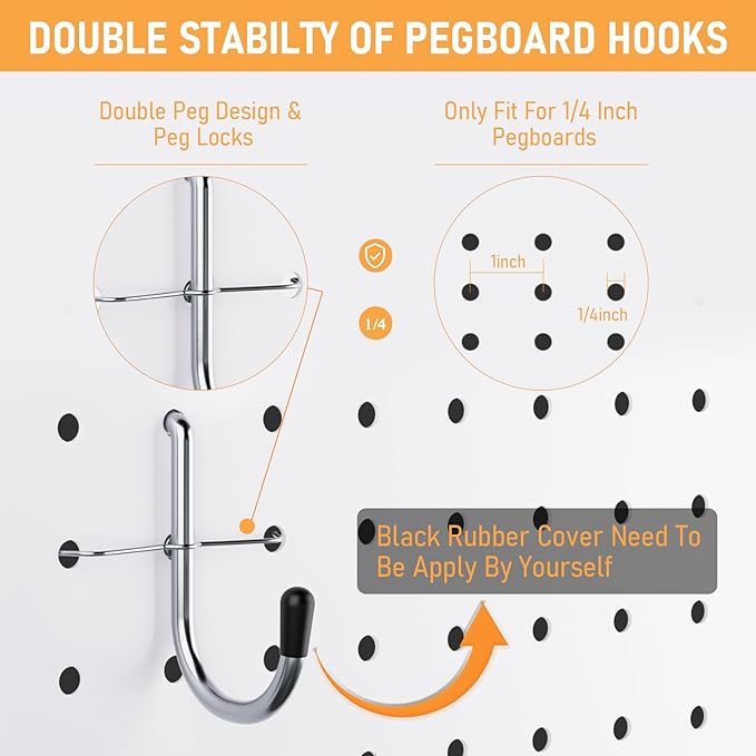 INCLY 176PCS Extra Thick Pegboard Hooks, 1/4" Heavy Duty Metal Peg Board Hooks Assortment with Peg Locks Pegboard Accessories