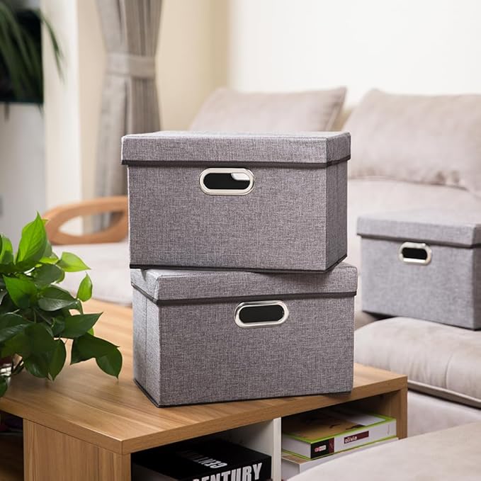 PRANDOM Foldable Storage Boxes with Lids [1-Pack] Linen Fabric Collapsible Storage Bins Organizer Containers Baskets Cube wit