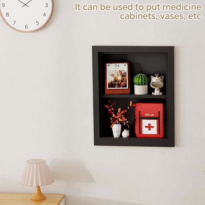 Solid Wood 14 X 18 Recessed Medicine Cabinet,2-Tier, Medicine Cabinet Organizer,Wall Niche, Bathroom Wall Cabinet Black