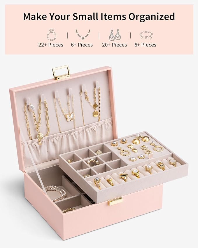 Vlando 2 Layer Jewelry Box Large Jewelry Organizer for Women Removable Jewelery Tray for Necklace Earrings Rings Bracelets Je