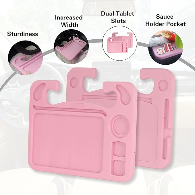 4 in 1 Car Steering Wheel Tray with Dual Sauce Dip Holder and Tablet Holder,Car Table Food Trays for Eating,Driver Desk Fit Most Auto Vehicle Steering Wheels (Pink, Large)