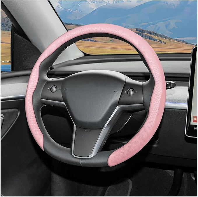 Car Nappa Leather Steering Wheel Cover, 15" Fashionable 5D Anti-Slip Vehicle Steering Wheel Protector, Breathable Auto Interi