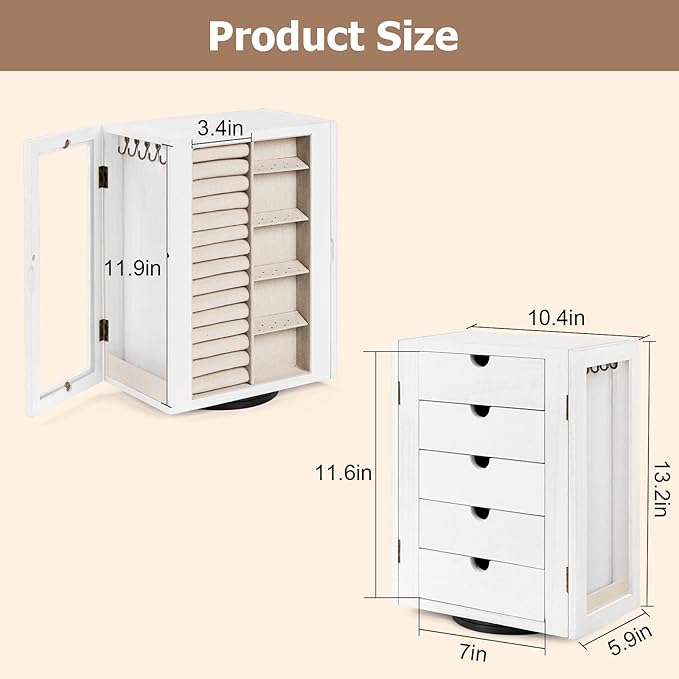 Emfogo 360° Rotating Jewelry Box for Women, Vintage Wooden Large Jewelry Organizer with 5 Drawers, Glass Doors, Vertical Open