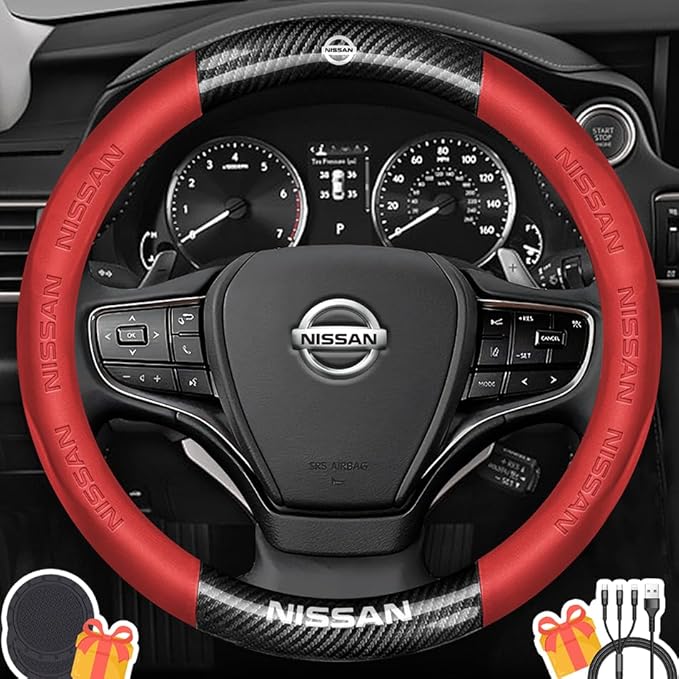 Customized Steering Wheel Cover Compatible with Nissan, Premium Nappa Leather&Bright Carbon Fiber Texture Steering Wheel Cover, with Coasters and 3-in-1 USB Fast Charging Cable (Red)
