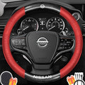 Customized Steering Wheel Cover Compatible with Nissan, Premium Nappa Leather&Bright Carbon Fiber Texture Steering Wheel Cover, with Coasters and 3-in-1 USB Fast Charging Cable (Red)