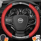 Customized Steering Wheel Cover Compatible with Nissan, Premium Nappa Leather&Bright Carbon Fiber Texture Steering Wheel Cover, with Coasters and 3-in-1 USB Fast Charging Cable (Red)