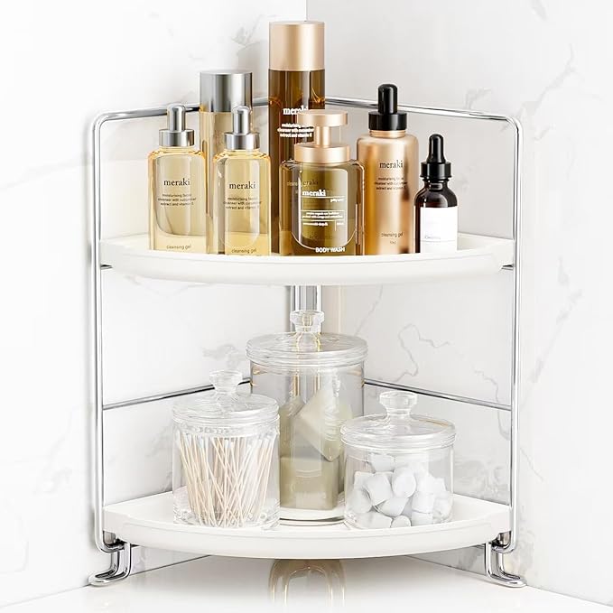 FSyueyun 2-Tier Corner Bathroom Counter Organizer, Tool-Less Installation Vanity Shelf Small Plastics Countertop Makeup Tray 