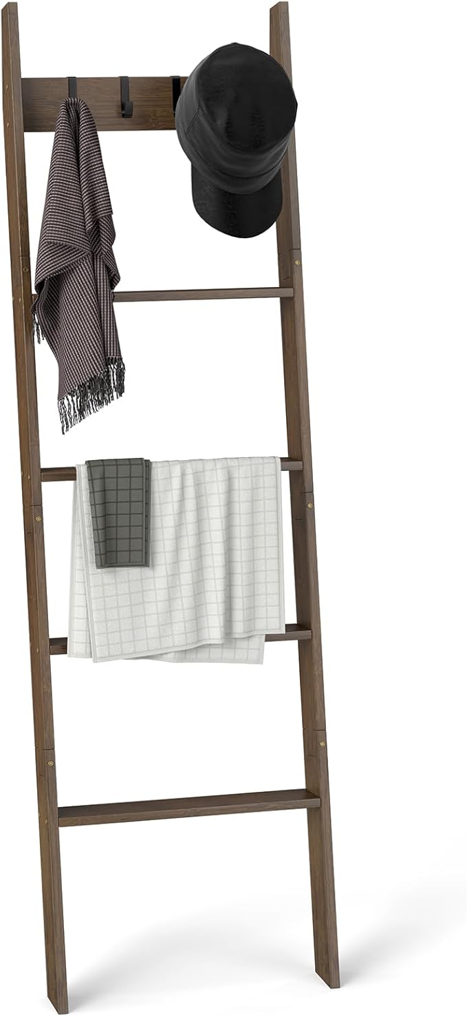 Giantex Bamboo Blanket Ladder, 5-Tier Ladder Shelf w/ 4 Removable Hooks, Decorative Wall Leaning Ladder, Blanket Holder w/Ant