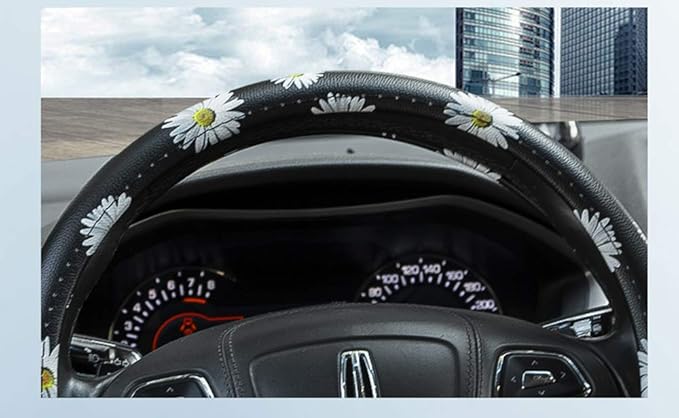 Dotesy Leather Flowers Car Steering Wheel Cover, Fashion Floral Steering Wheel Protector Universal for 36-38cm Anti Slip Auto