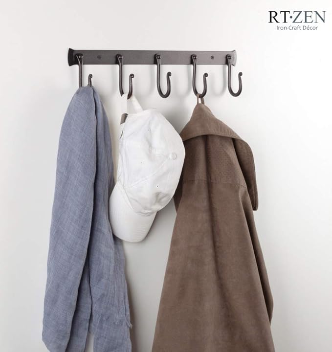 RTZEN Wall Mount Hook Set - Wrought Iron Decorative Rustic Metal Coat Hooks for Hanging - Handcrafted Classic Farmhouse Wall 