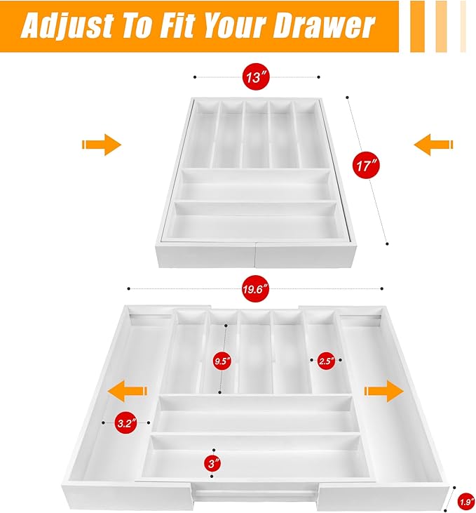 Bellsal Large Premium Bamboo Silverware Organizer - Expandable Utensil Drawer Organizer - 17"x19.6" Utensil Holder and Cutler