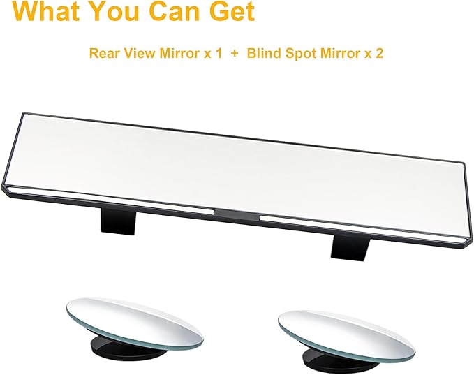 Kitbest Rear View Mirror, Interior Clip On Panoramic Rearview Mirror to Reduce Blind Spot Effectively – Universal Wide Angle Car Mirror – Flat – For Cars, SUV, Trucks (Bonus 2 PCS Blind Spot Mirrors)
