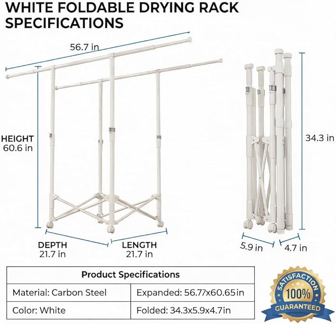 Clothes Drying Rack, Double Rod Extendable 33.1–56.7 Inches, No Assembly & Foldable Clothing Rack for Hanging Clothes with Wh