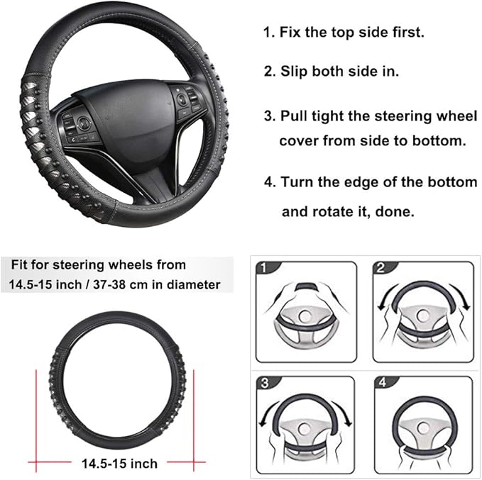 West Llama Microfiber Leather Car Steering Wheel Cover for Men Women,Universal Fit 14.5-15 inch(Leather Nails-Gray+Black-Stan