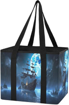 Pirate Ship Reusable Grocery Bags Large Shopping Tote Bag with Reinforced Bottom Board, Water Resistant Foldable Storage Bags