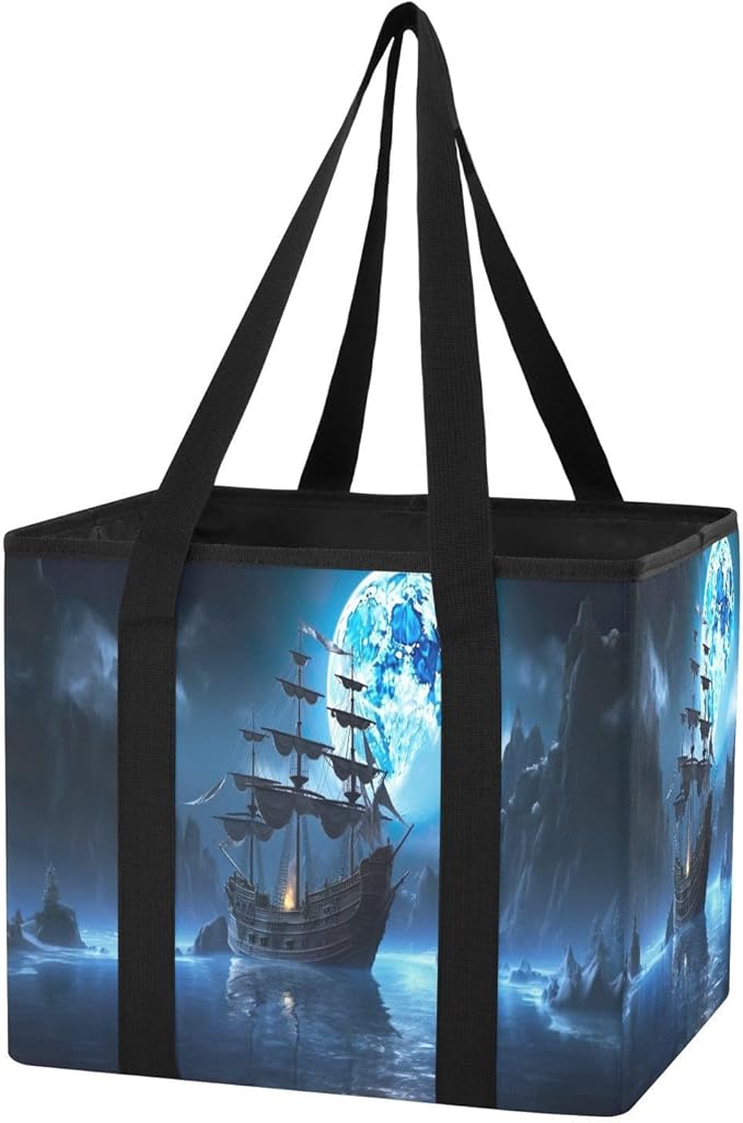 Pirate Ship Reusable Grocery Bags Large Shopping Tote Bag with Reinforced Bottom Board, Water Resistant Foldable Storage Bags