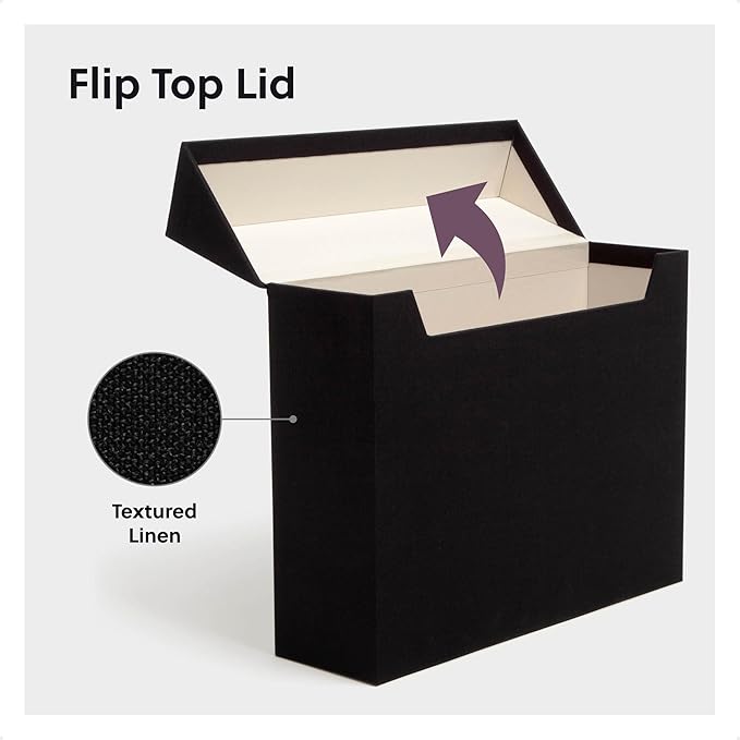 SMEAD Flip Top File Box, 10" x 3.7" x 13", Black Natural Linen, Gold Metal Nameplate (70233)