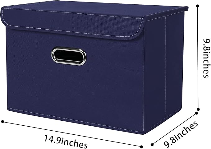 Linen Fabric Foldable Collapsible Storage Cube Bin Organizer Basket Fabric Storage Bins with Lid, Leather Handles, Removable 