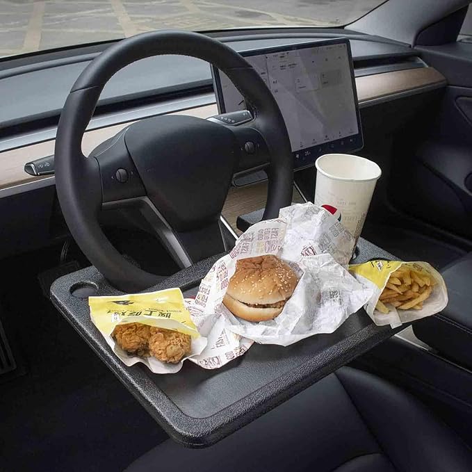 CarQiWireless Auto Steering Wheel Desk for Tesla Model 3 Model Y S X (Not for Yoke), Hollow Steering Wheel Tray for Laptop, Tablet, iPad, Or Notebook - Car Travel Table with Food Hook and Eating Tray