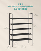 SONGMICS 5-Tier Shoe Rack, Shoe Storage for Hallway Closet, Slim and Space-Saving, Metal Frame, Non-Woven Fabric Shelves, Bla