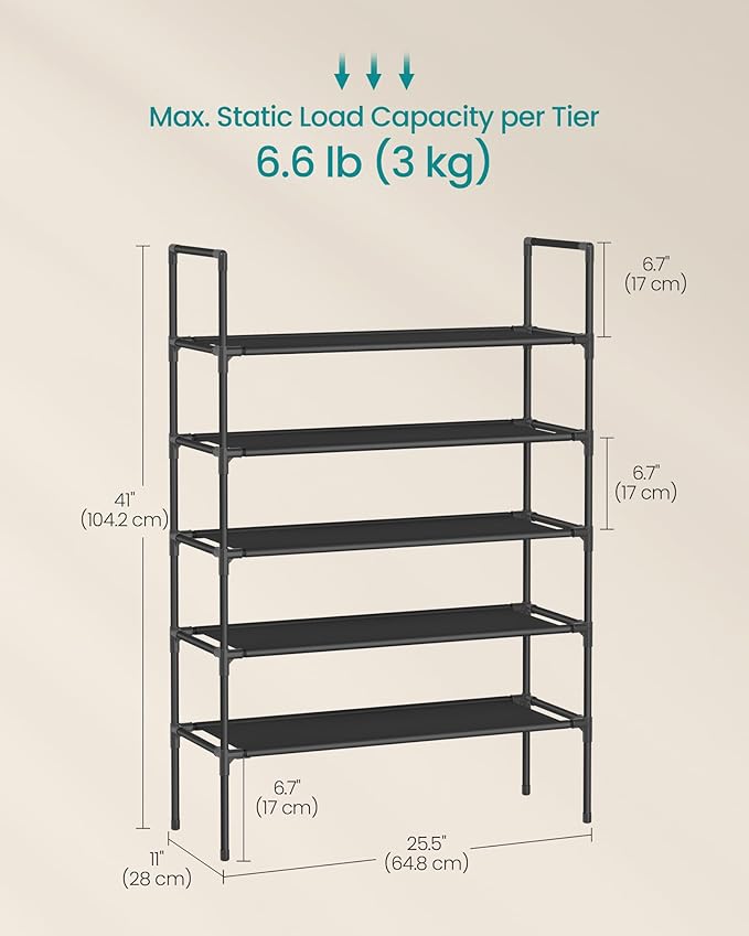 SONGMICS 5-Tier Shoe Rack, Shoe Storage for Hallway Closet, Slim and Space-Saving, Metal Frame, Non-Woven Fabric Shelves, Bla