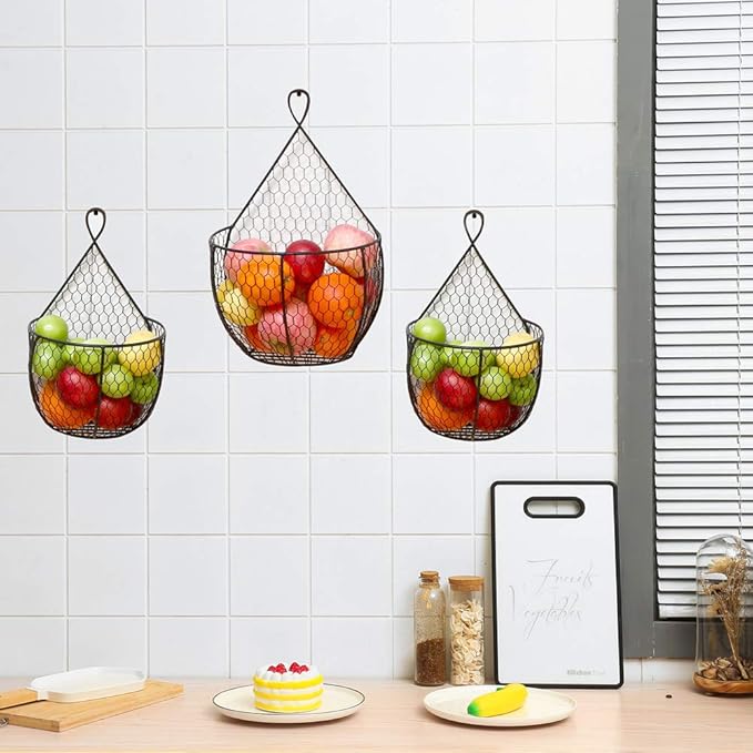 ERYTLLY Metal Fruit And Vegetable Storage Hanging Basket Wall Mounted, Hanging Basket For Kitchen Black Wire Baskets for Flow