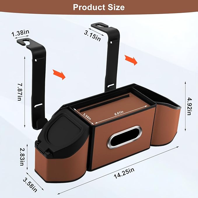 7-In-1 Car Seat Back Organizer with Cup Holders, Tissue Box, Garbage Can&Hooks, Multifunctional Headrest Storage Organizer, Headrest Cup Holder for Backseat, Car Accessories for Trips, Travels(Brown)