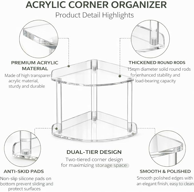 2 Tier Clear Acrylic Bathroom Corner Organizer, Countertop Vanity Tray for Makeup, Cosmetics, Perfume - Freestanding Storage 