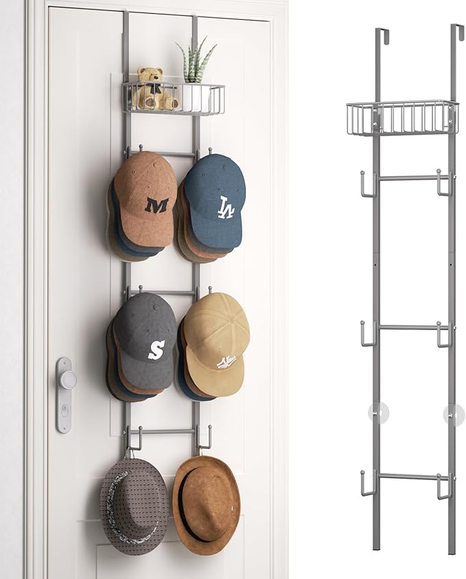 HapiRm Over Door Hat Rack - 2 Packs Wall Mounted Hat Holder with 6 Hooks and Metal Basket Design, Baseball Cap Organizer Stor