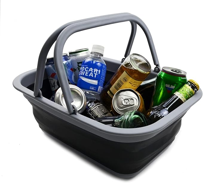 SAMMART Collapsible Washing Tub with Handles 9.2L (2.37Gallon) - Portable Outdoor Picnic Basket/Crate - Foldable Space Saving Storage Container for Dishing, Camping & Home (1, Dark Grey/Black)