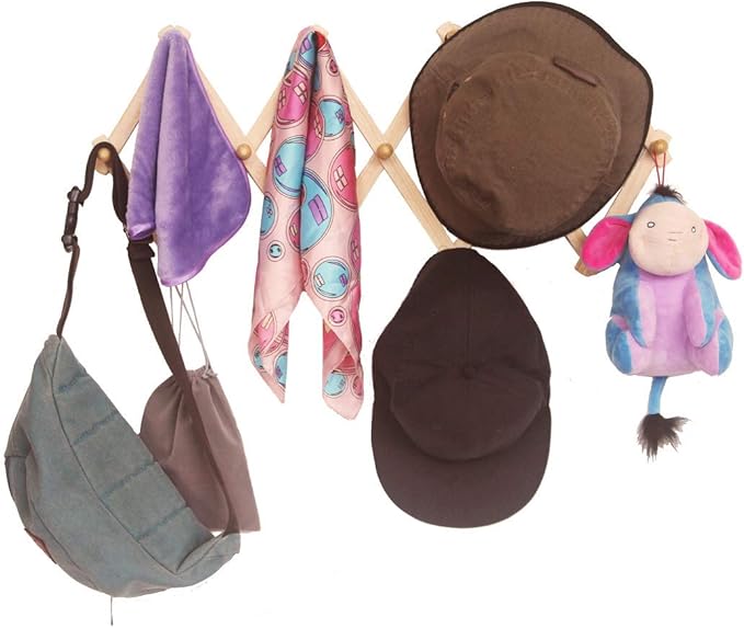 AMAPON Accordion Style Expandable Wall Wooden Coat Rack 13 Hooks (Pegs) Hang Hats Jackets Coffee Mug Purses Necklaces Towels 