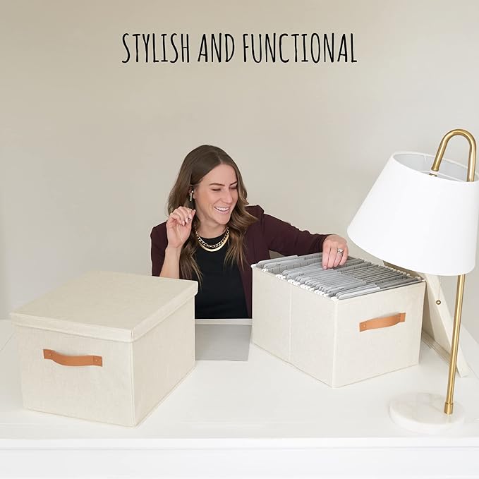 ZICOTO Decorative File Organizer Box Set of 2 - Collapsible Linen Filing Cabinets w/Handles Are Perfect to Store all Your Doc