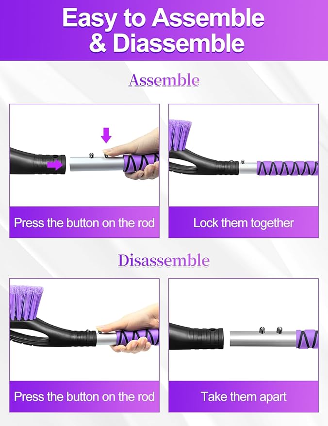 HEEYA 2 Pack 27 Inch Ice Scraper and Brush for Car, Snow Brush and Ice Scraper with Foam Grip, Detachable Snow Scraper for SUV Truck Jeep Vehicle Auto Windshield Window - Purple & Pink