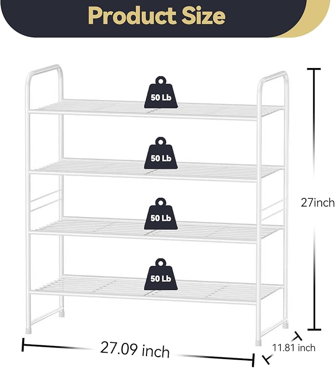 Shoe Rack Metal, Closet Shoe Organizer 4 Tier, Stackable & Adjustable, White
