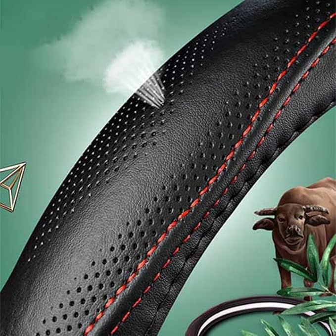 Genuine Leather Steering Wheel Cover, Black Real Cowhide for 14.5-15 Inch Steering Wheels, Universal Fit for Cars and Trucks (BlackRed)