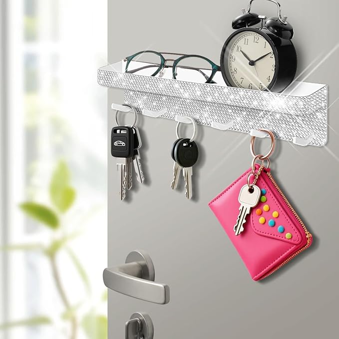 Bling Decorative Wall Mounted Mail Organizer and Key Holder with Glitter Rhinestones Tray,6 Stainless Steel Key Hooks for Hal