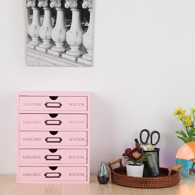 Wooden Storage Box with 5 Drawers Apothecary Vintage Wood Desktop Organizer Countertop Library Card Catalog Cabinet (Pink)