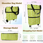 Collapsible Shopping Grocery Bag with Wheels Rolling Tote Bag with Wheels Large Reusable Shopping Bags Foldable Cart(Yellow Green Dot,Large)
