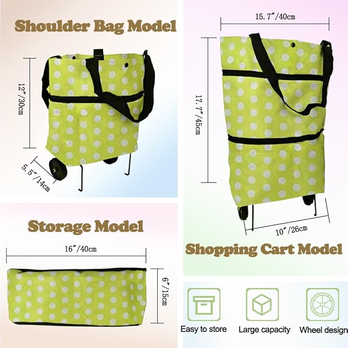 Collapsible Shopping Grocery Bag with Wheels Rolling Tote Bag with Wheels Large Reusable Shopping Bags Foldable Cart(Yellow Green Dot,Large)