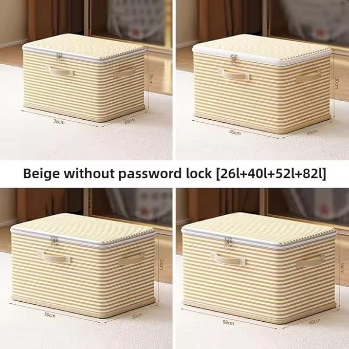 Foldable Storage Containers, Beige Striped Fabric Boxes with Lids, Stackable Closet Organizer Bins for Bedroom, Clothing Stor